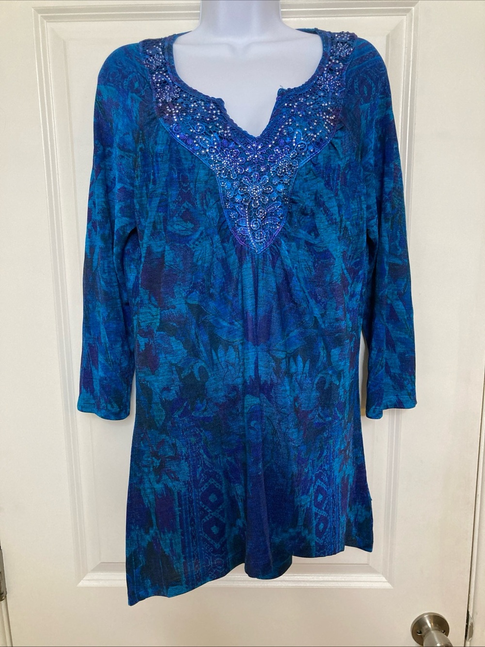 One World Blue Purple Asymmetrical Rhinestones Lace Embellished Shirt XL Artsy